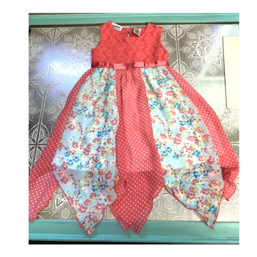 Blueberi Boulevard 3T Dress Peach Crocheted Bodice with Floral and Polka Dots